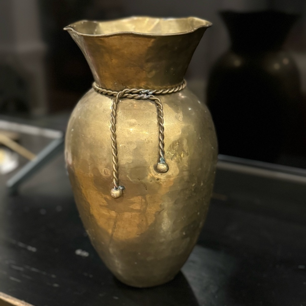 Vintage Large Hammered Brass Vase Ruffled Rim Brass Tassels 11”